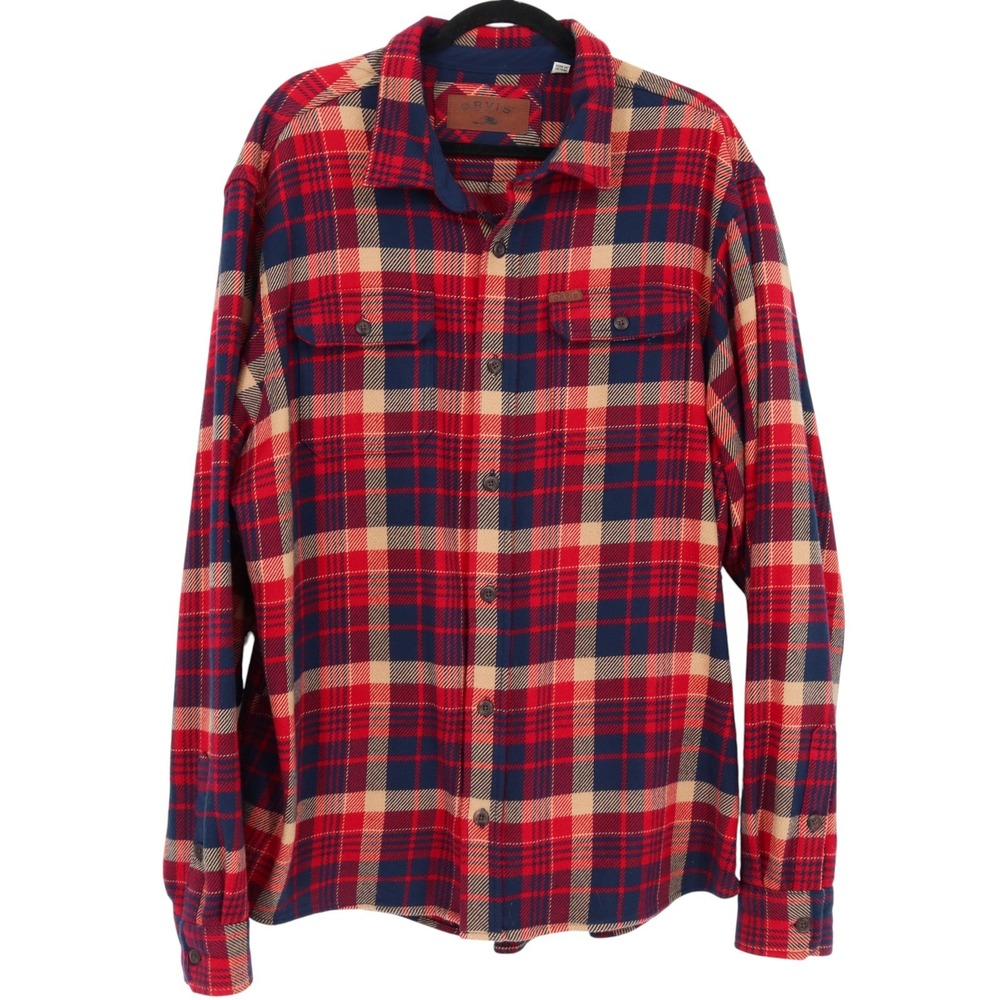 Orvis Men's XL Red Navy Blue Plaid Flannel Button Front Shirt Long Sleeve Cotton